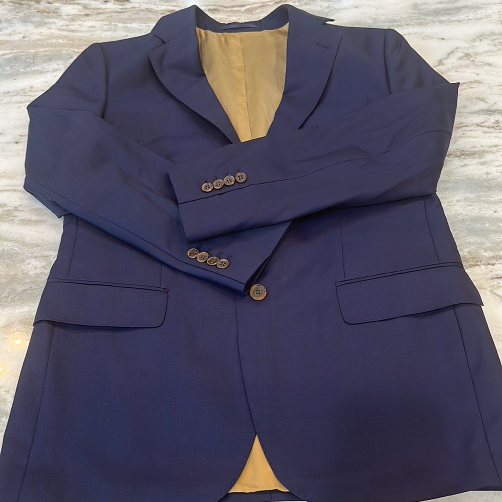Men’s custom designer jacket, dark navy blue and beige full inner lining